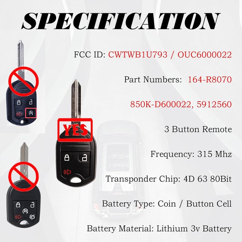 MechanMagic بديل مفتاح السيارة يناسب CWTWB1U793 فورد F-150 2004-2014 F-250 F-350 F-450 فليكس 2009-2017 إكسبلورر 2001-2015 إيسكيب رينجر فيوجن إكونولين ميركوري تحكم عن بعد بدون مفتاح 2 مجموعة - Image 5